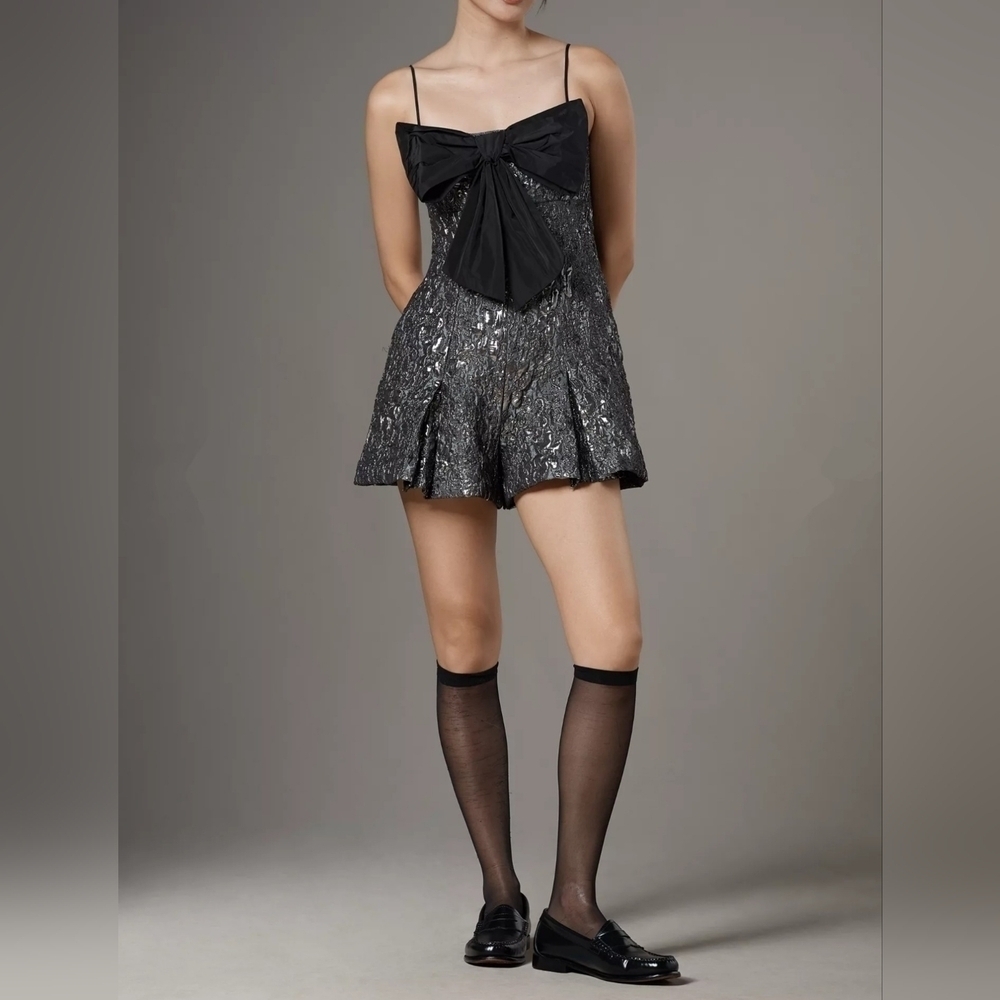 Maeve x Anthropologie Bow-Front Floral Jacquard Romper, Black Pattern, Size 16